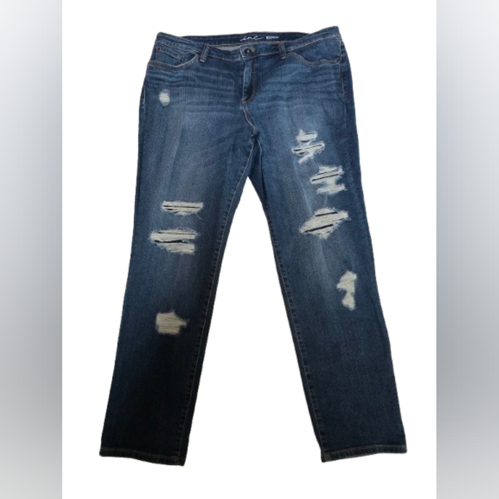 INC International Concepts boyfriend curve fit distressed with patches jeans 16